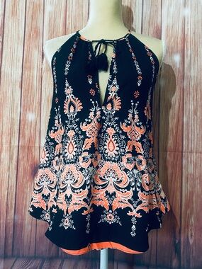 Women's MM Medium Black Tank Top Black & Bright Orange V Neck Tassels Silky